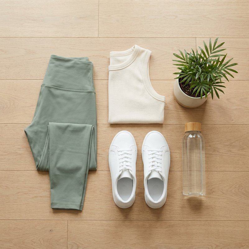 Folded activewear on a wooden bench in soft natural light