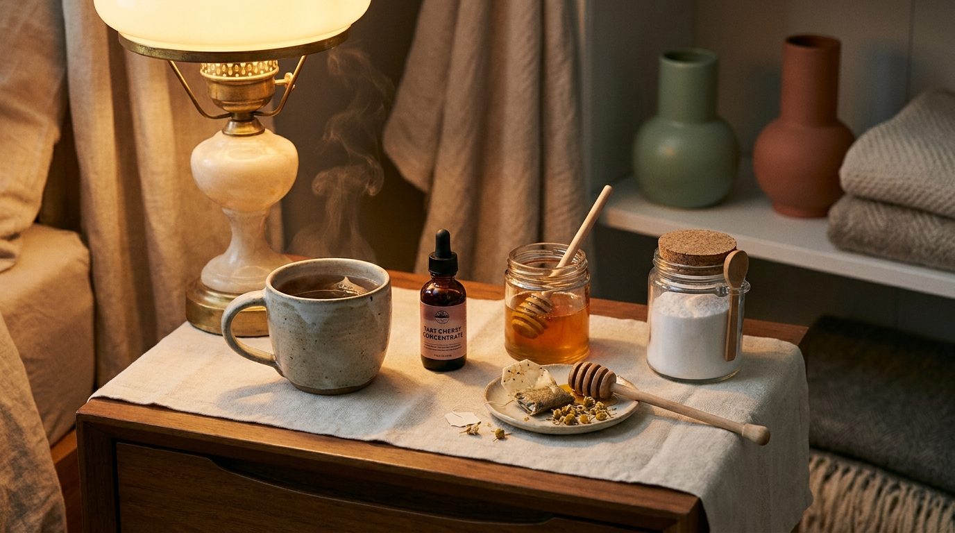 A warm nightstand scene with a steaming ceramic mug, a small amber bottle, a jar of honey with a wooden dipper, and a chamomile tea bag in soft amber lamp light
