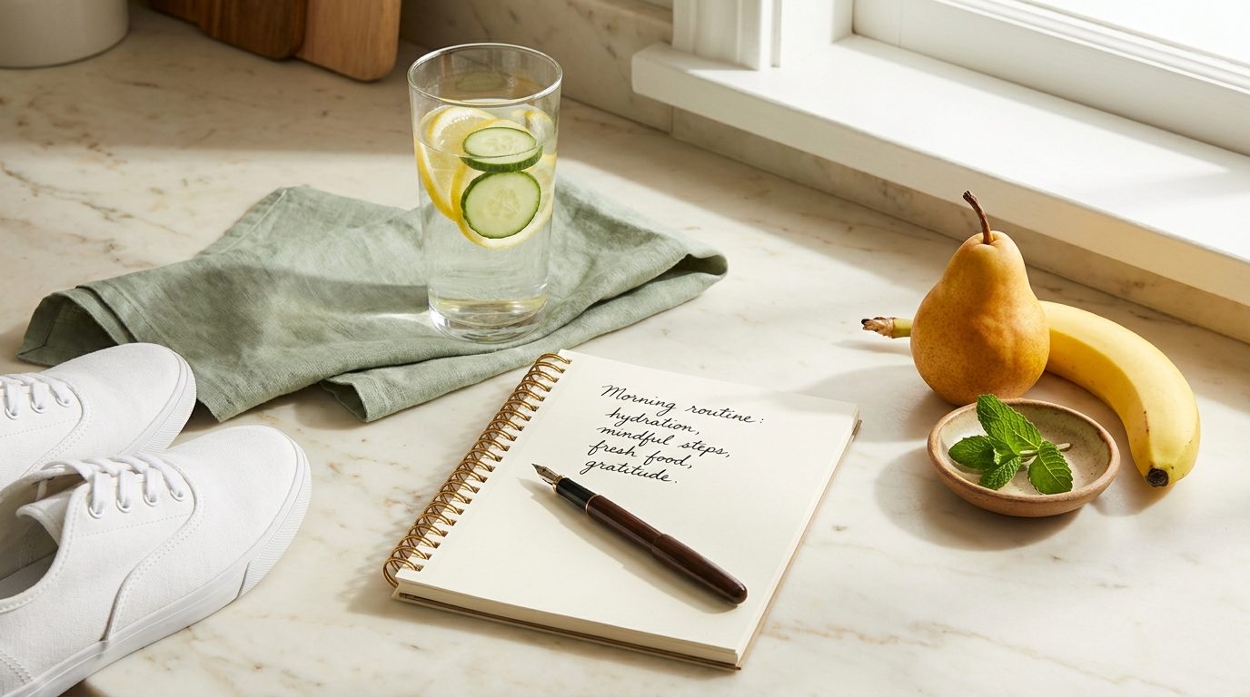 A bright kitchen counter with a glass of cucumber-lemon water, an open notebook with handwritten notes, and walking sneakers at the edge of the frame