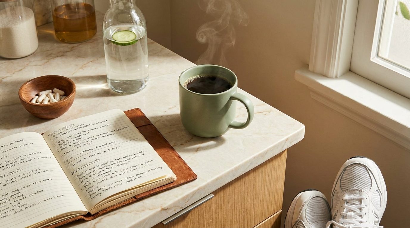 A morning kitchen counter with a sage ceramic mug of coffee, leather journal, water bottle with cucumber, and a small dish of magnesium capsules