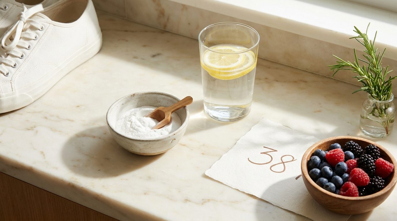 A bright kitchen counter with a small dish of creatine powder, glass of lemon water, walking sneakers, a sprig of rosemary, and a small wooden bowl of mixed berries