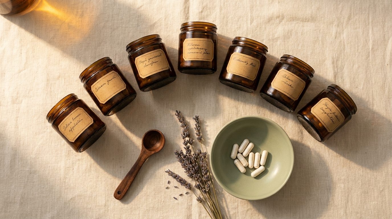Amber apothecary jars on a cream linen surface in warm evening light