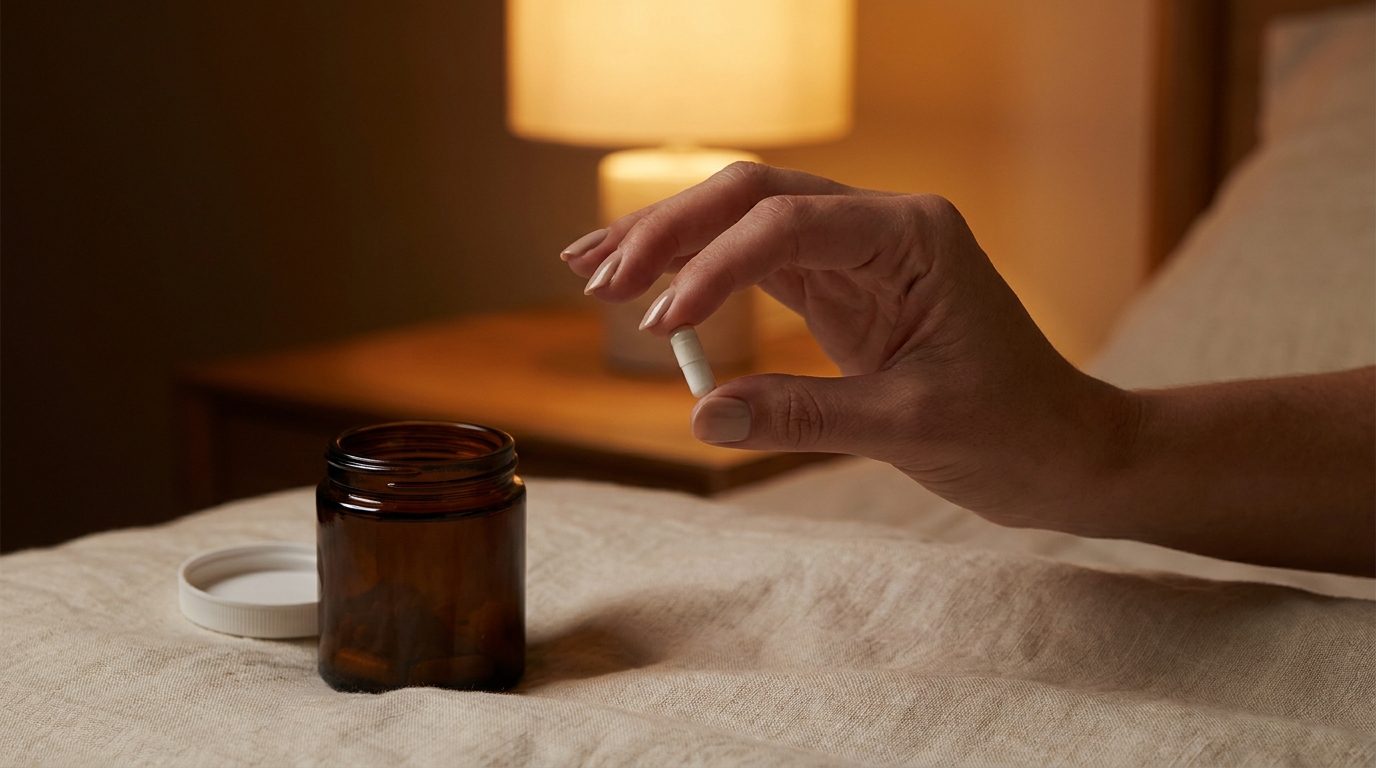 A single white capsule held between fingers in soft warm lamp light