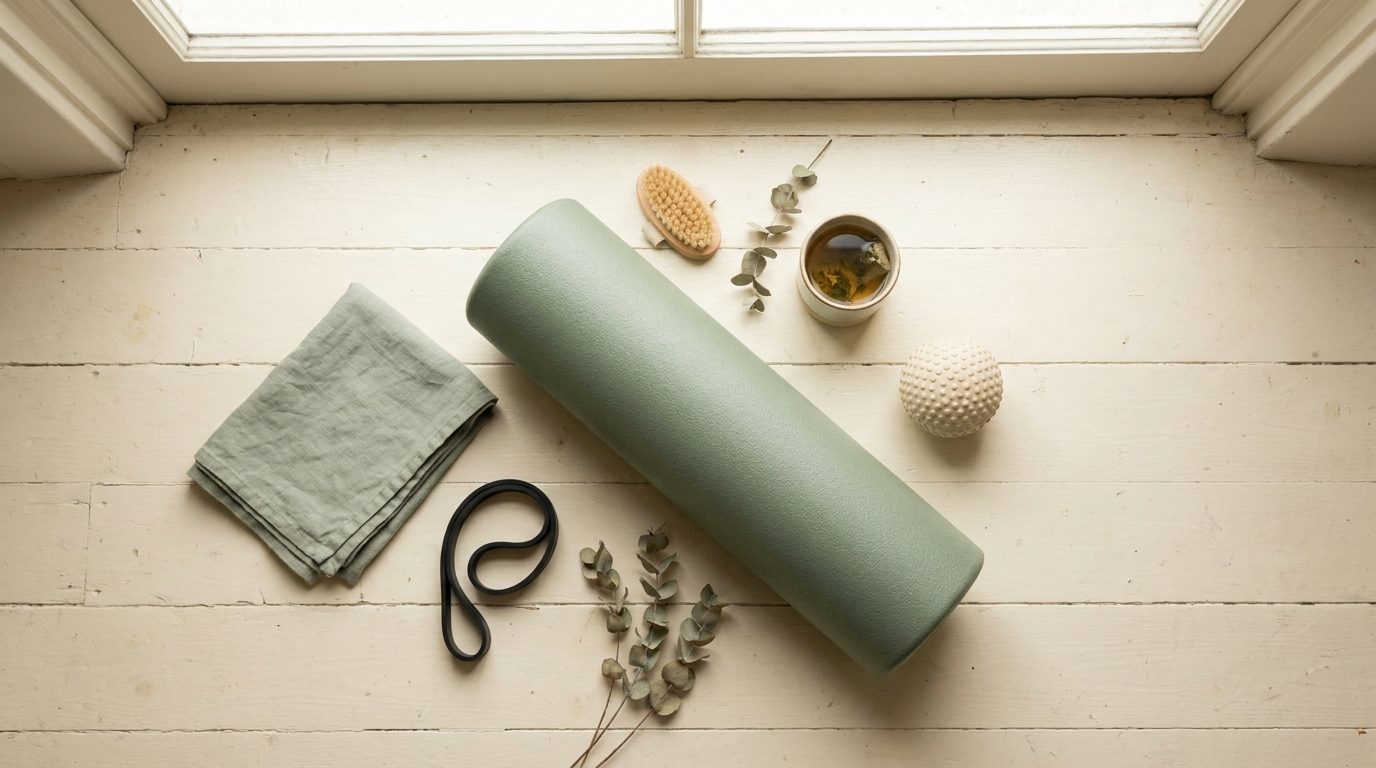 A top-down flat lay of a sage green foam roller, a textured cream massage ball, a folded linen towel, and a small black resistance band on cream wood