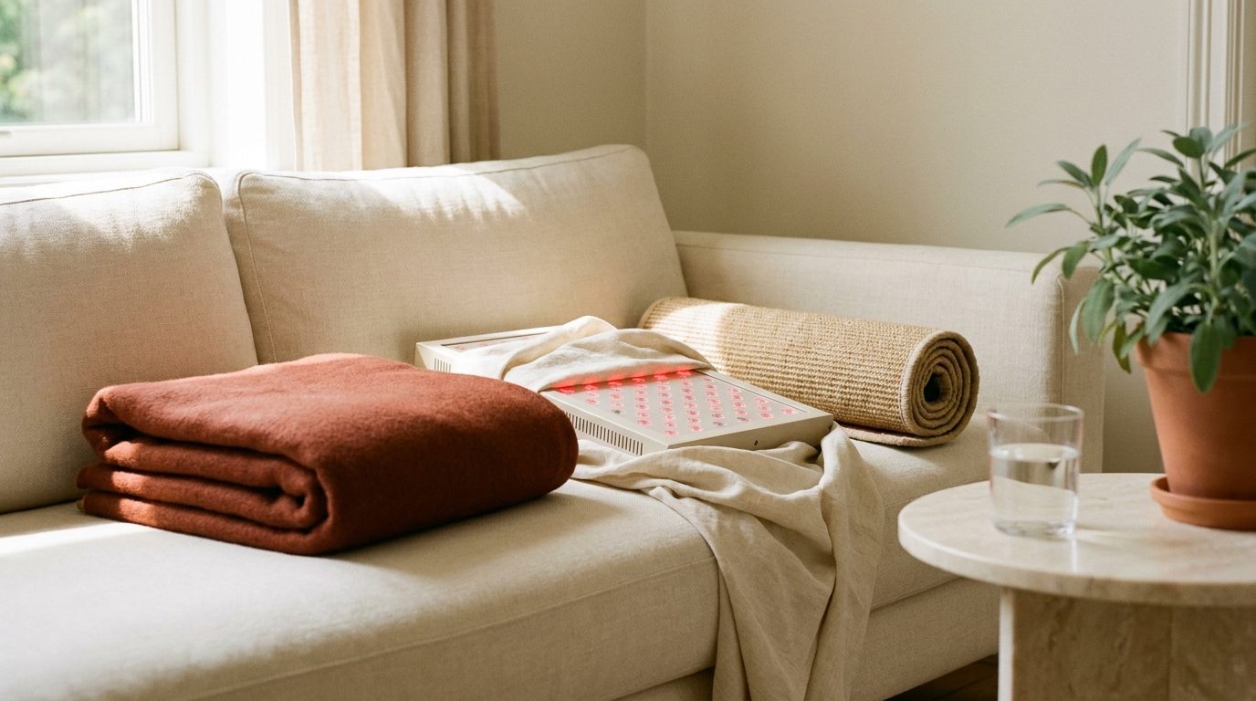 A living room corner with a folded terracotta sauna blanket, a thin red-light panel under a cream linen drape, and a rolled IR mat arranged on a cream couch