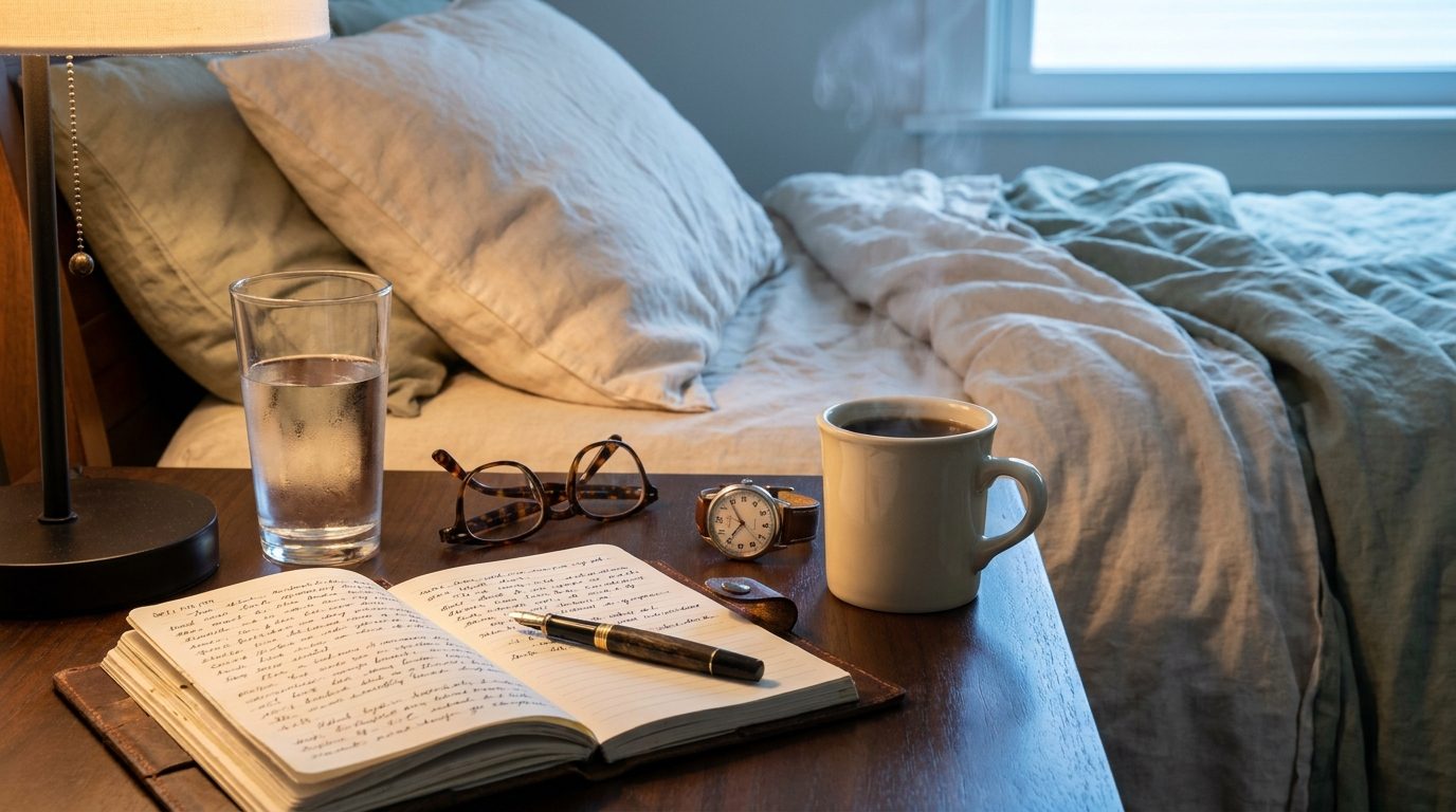 A bedside nightstand with warm lamp light, a journal, and a glass of water