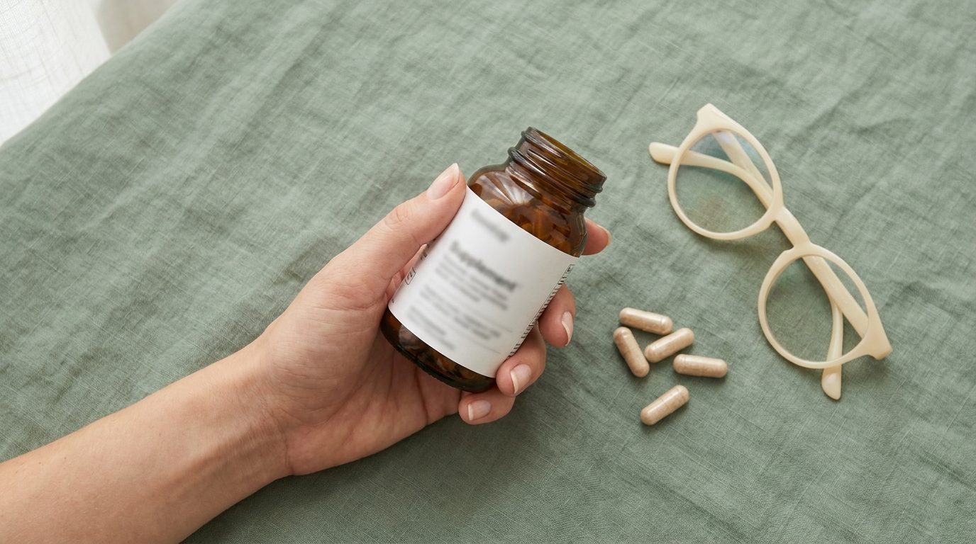 Supplement bottles on a clean kitchen counter