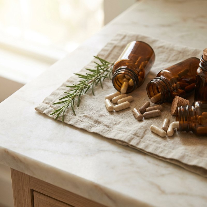 Supplement bottles on a clean kitchen counter
